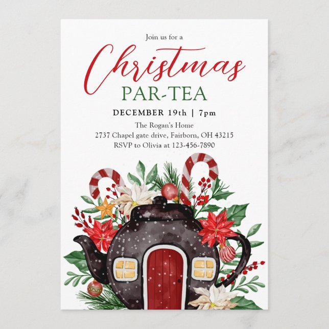 Convites Festa de Chá de Natal com Aquarela Festiva (Frente)