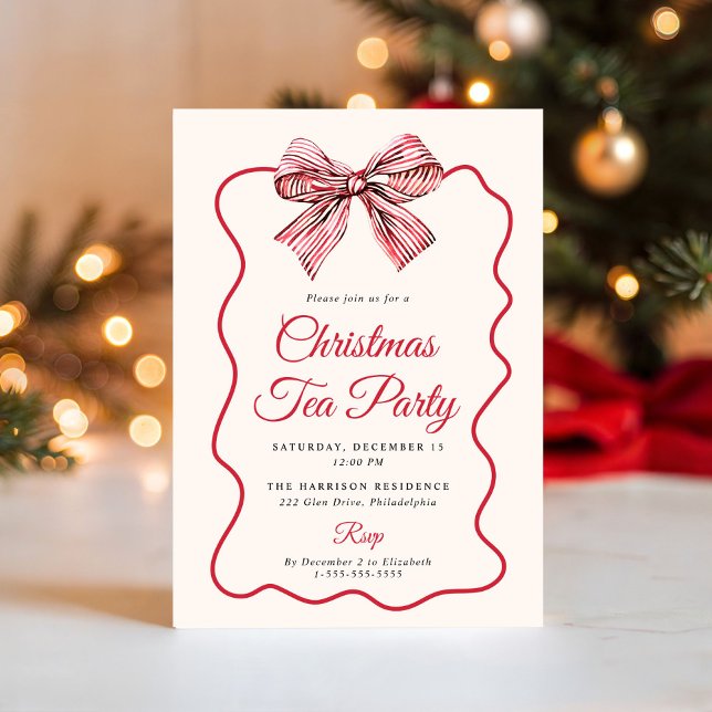 Convites Festa de Chá de Natal com Laço Coquette (Coquette Bow Christmas Tea Party Invitation)