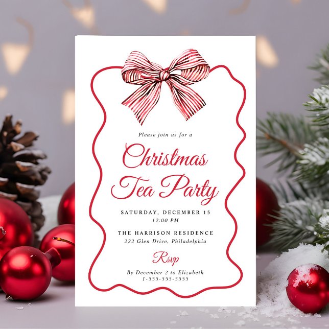Convites Festa de Chá de Natal com Laço Coquette (Coquette Bow Christmas Tea Party Invitation)