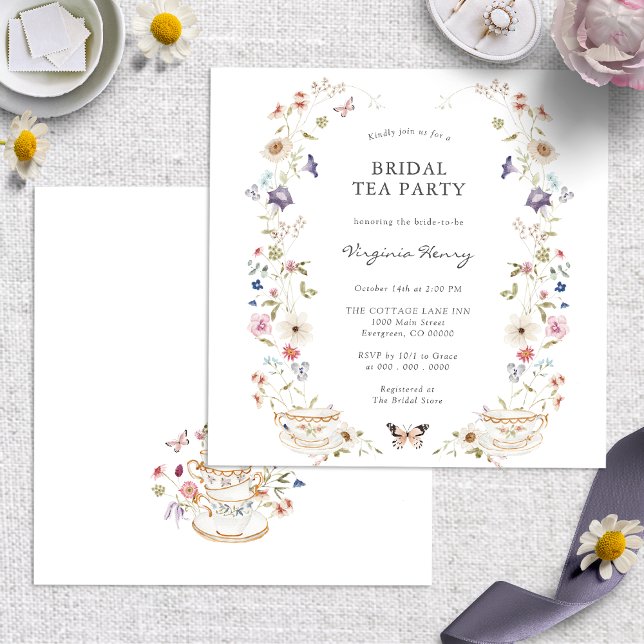 Convites Festa de Chá de Noiva (Elegant Floral Bridal Tea Party Invitation with Butterflies by Painted Paperie
)