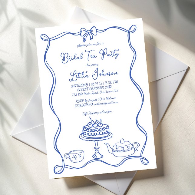 Convites Festa de chá de noiva arco desenhado à mão (Whimsical hand drawn bridal tea party invitation template dusty blue ribbon bow border tea invites)