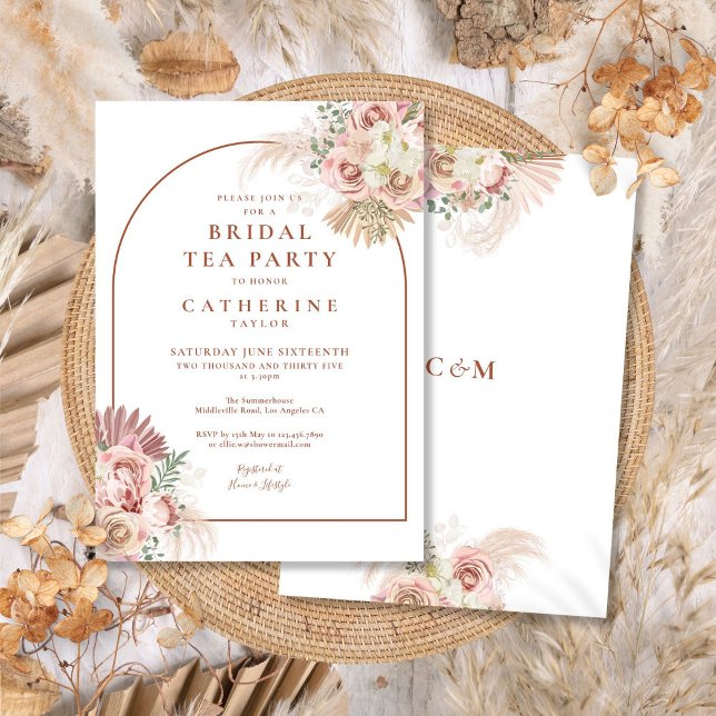 Convites Festa de Chá de Noiva com Arco de Terracota e Gram (Pampas Grass Terracotta Arch Bridal Tea Party Invitation)