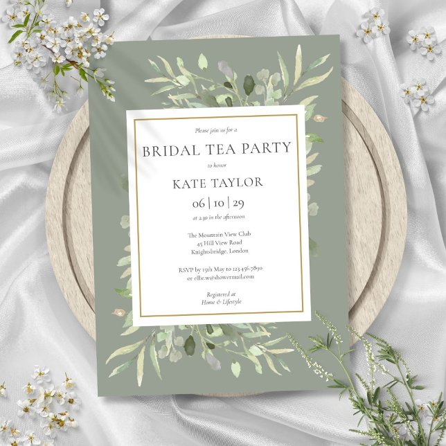 Convites Festa de Chá de Noiva em Verde Sage com Aquarela (Watercolor Greenery Sage Green Bridal Tea Party Invitation)