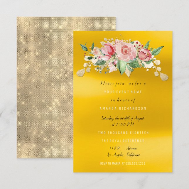 Convites Festa de Chá de Noiva Flor Pintada em Rosa Aquarel (Frente/Verso)