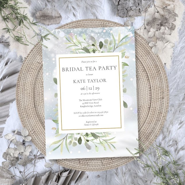 Convites Festa de Chá de Noiva Folhagens Flocos de Neve de  (Winter Snowflakes Greenery Bridal Tea Party Invitation)