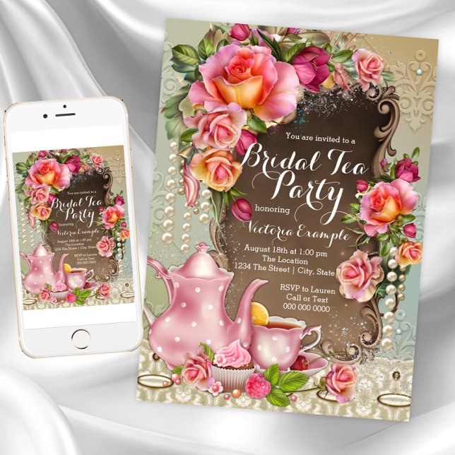 Convites Festa de Chá de Noiva Pérola Rosa (Beautiful Bridal Tea Party Invitation. Instant download and printed invitations available.)