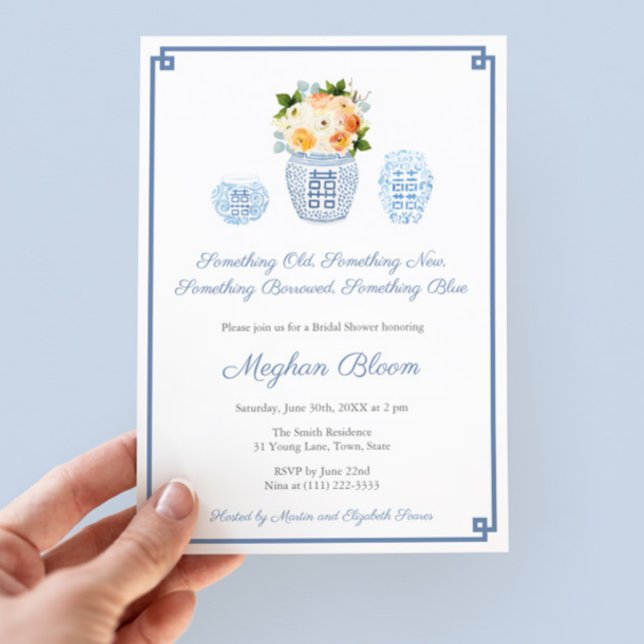 Convites Festa de Chá de panela de Flores de Outono Azul (Something Old New Borrowed Blue Bridal Shower Party Invite with florals in fall autumn colors)