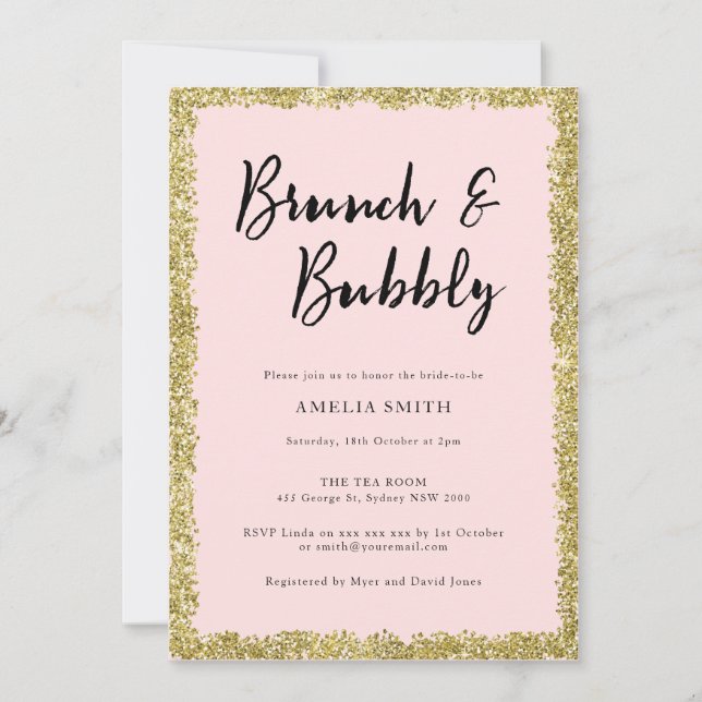 Convites Festa de Chá de panela rosa e Dourada brilhante (Frente)