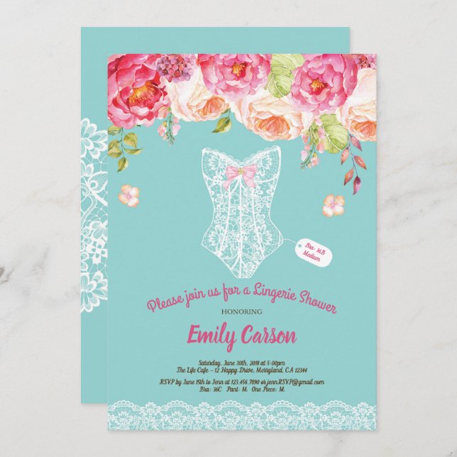 Convites Festa de chá de renda turquesa (Frente/Verso)