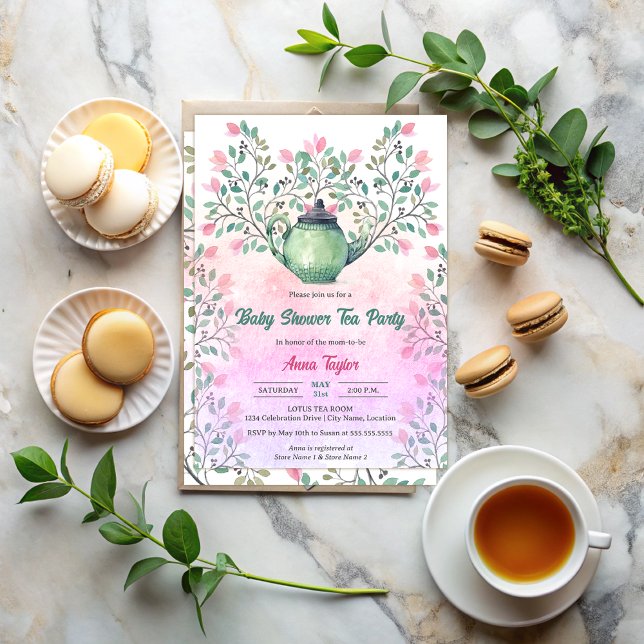 Convites Festa de chá do Chá de fraldas Elegante Bule Flora (Elegant baby shower tea party invitation with a teapot and floral design elements front and back.)