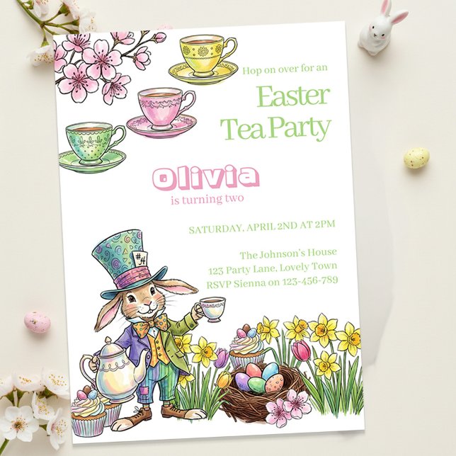 Convites Festa de Chá do Coelho de Páscoa Aniversário Infan (Kids Easter Garden Tea Party and Egg Hunt Invitation)