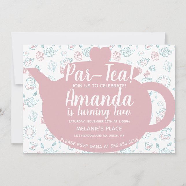 Convites Festa de Chá Doodle Caprichosa (Frente)