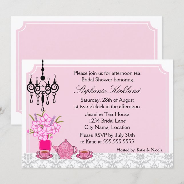 Convites Festa de Chá Elegante (Frente/Verso)