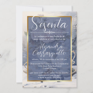 Convites Festa de Chá Elegante Azul Espanhol de 60 Anos de