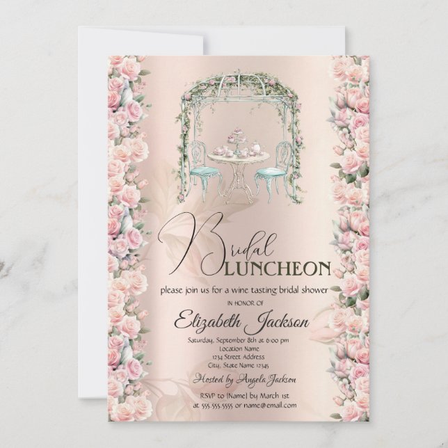 Convites Festa de Chá Elegante com Rosas para Almoço de Noi (Frente)