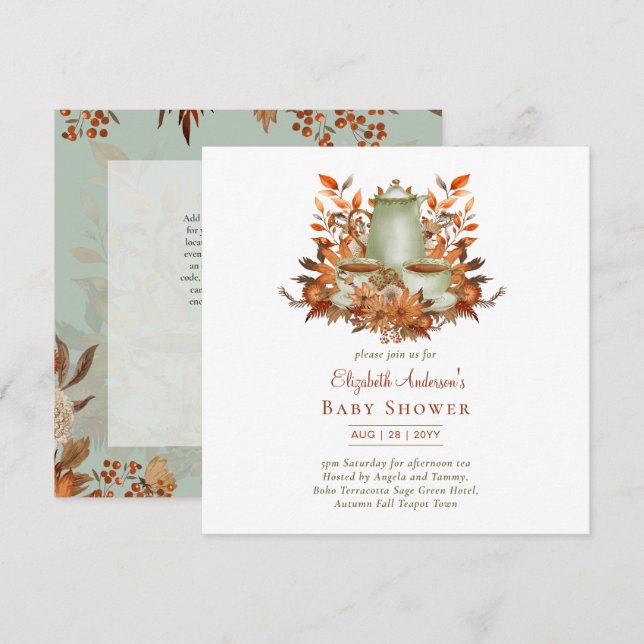 Convites Festa de Chá Floral Boho Terracotta Sage QUALQUER  (Frente/Verso)