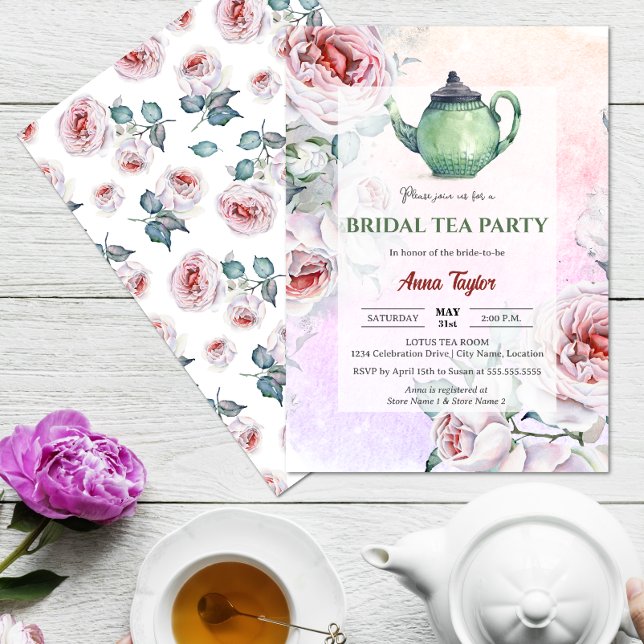 Convites Festa de Chá Floral Bridal Elegante (Elegant floral bridal tea party invitation front and back view.)