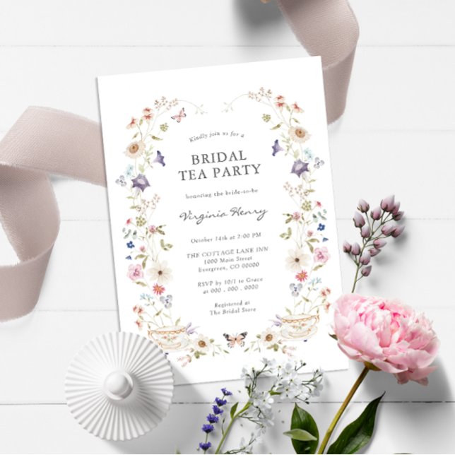 Convites Festa de Chá Floral de Noiva (Wildflower Tea Party Bridal Shower Wedding Invitation with Butterfly by Painted Paperie)