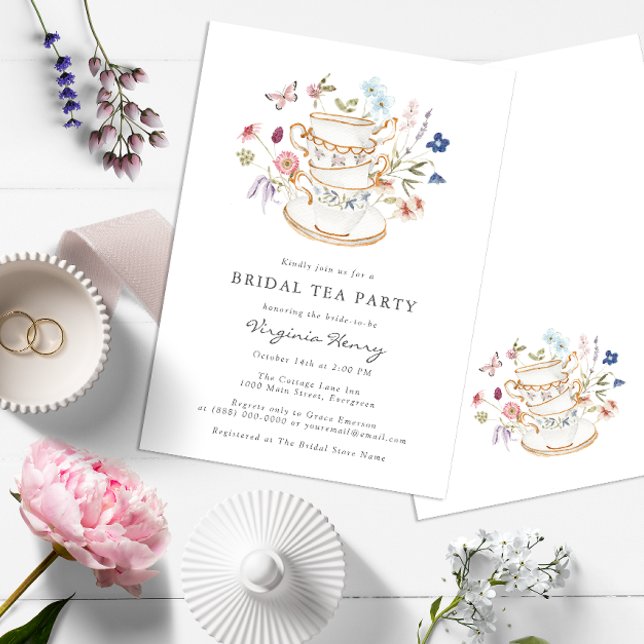 Convites Festa de Chá Floral de Noiva (Wildflower Tea Party Bridal Shower Wedding Invitation with Butterfly by Painted Paperie)