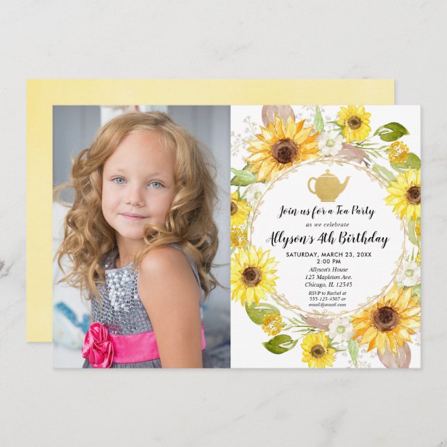 Convites Festa de chá flores brancas e girassóis florais (Frente/Verso)