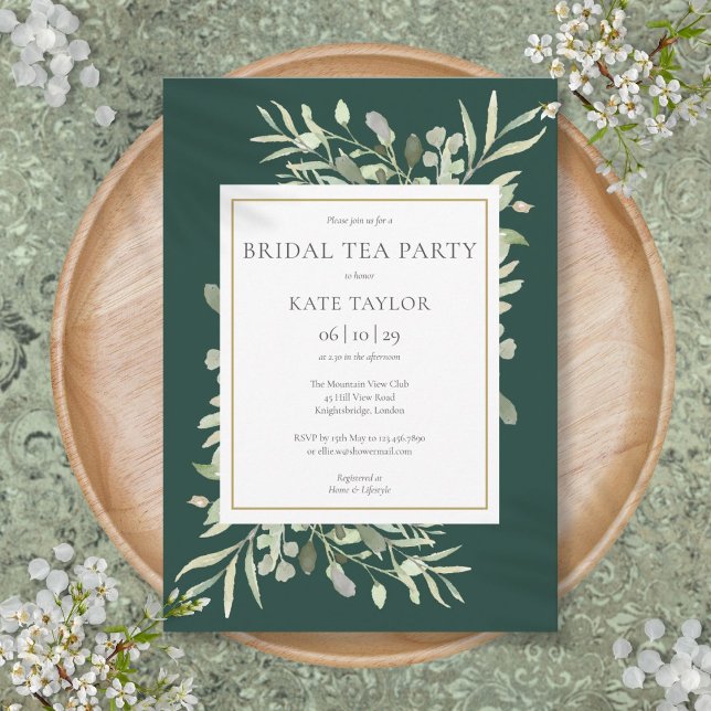 Convites Festa de Chá Nupcial com aguarela esmeralda (Emerald Watercolor Greenery Bridal Tea Party Invitation)