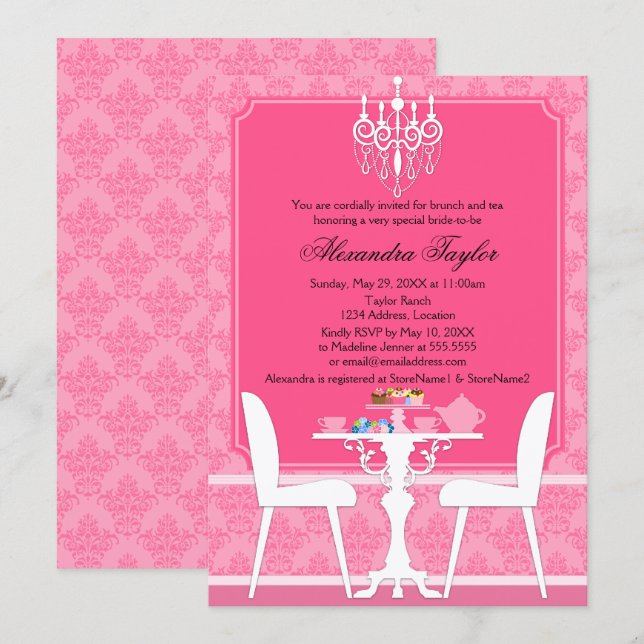 Convites Festa de Chá Nupcial com Damasko Rosa e Lustre (Frente/Verso)