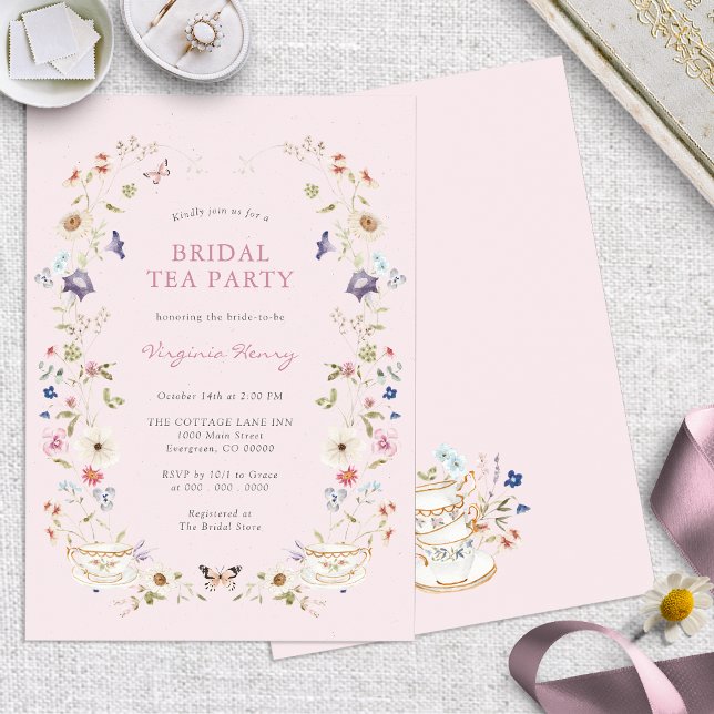 Convites Festa de Chá Nupcial com Flores Rosa (Elegant Pink Floral Bridal Tea Party Invitation with Butterflies by Painted Paperie
)
