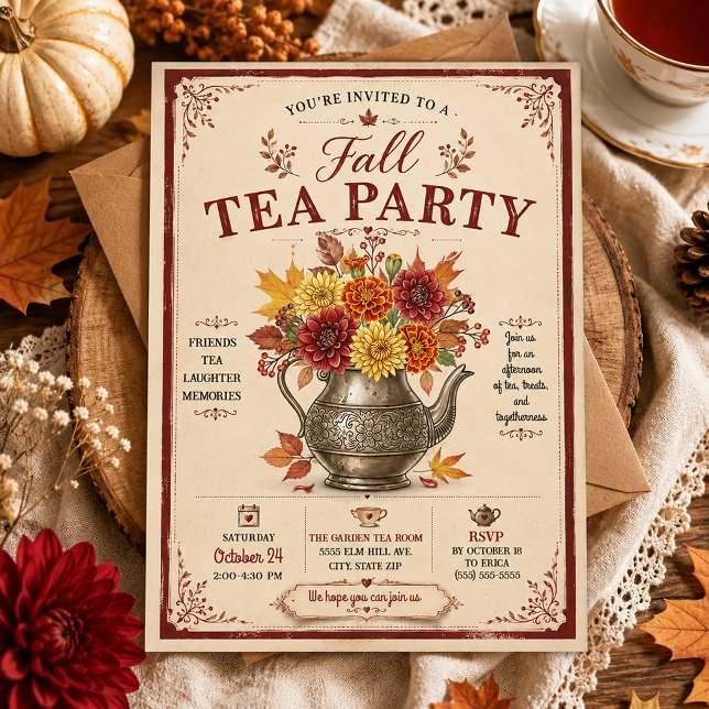 Convites Festa de Chá Outonal Rústica Vintage (Fall Tea Party Invitation)