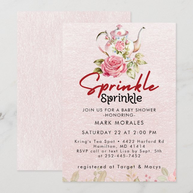 Convites Festa de Chá Rosa Baby Sprinkle Aquarela (Frente/Verso)
