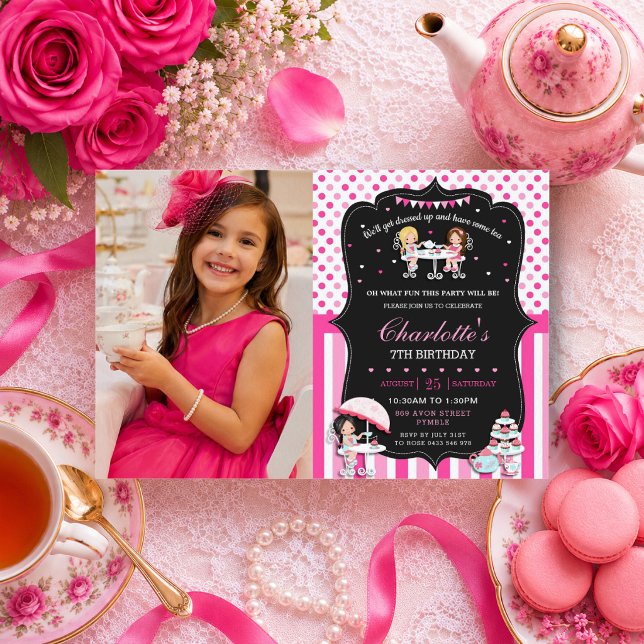 Convites Festa de Chá Rosa Chic Fofa Aniversário da Menina  (Criador carregado)