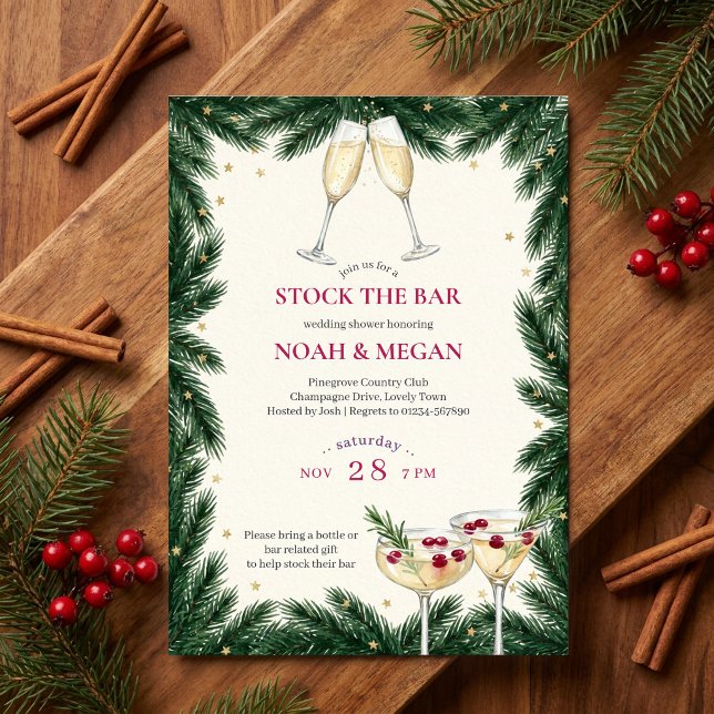 Convites Festa de Champanhe de Natal para Casais (Winter stock the bar couples shower invitation with pine and champagne by Darling & May)