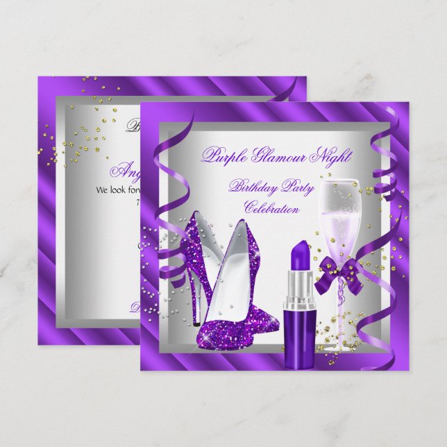 Convites Festa de Champanhe Purple Glamour Night 2 (Frente/Verso)