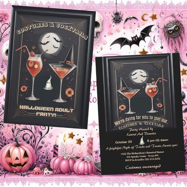 Convites Festa de Chapéu de Bruxa de Halloween Adulto e Coc (Costume & Cocktail Adult Halloween Witch Hat Party Invitation)