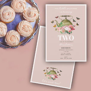 Convites Festa de Chávena Rosa Floral Borboletas Menina Ani