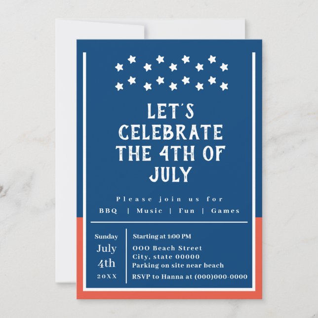 Convites Festa de CHURRASCO de 4 de julho de Verão (Frente)