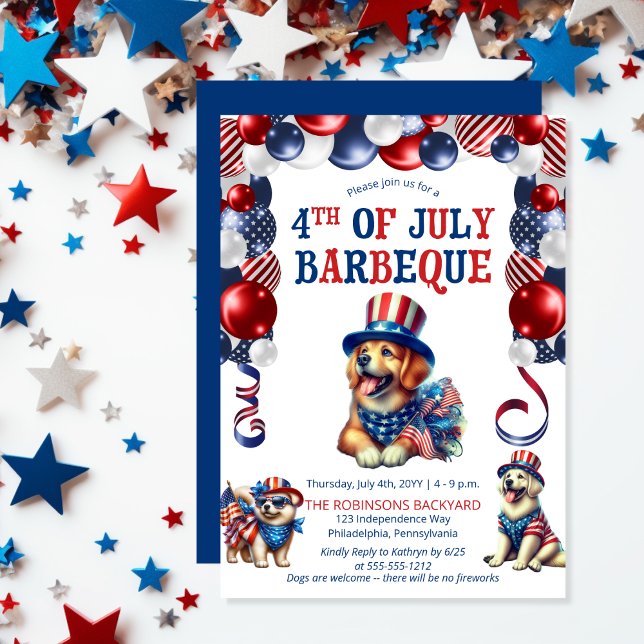 Convites Festa de CHURRASCO de 4 de julho sem fogos de arti (Balloon Arch and Cute Cool Dogs No Fireworks Pet Friendly 4th of July BBQ Invitation)