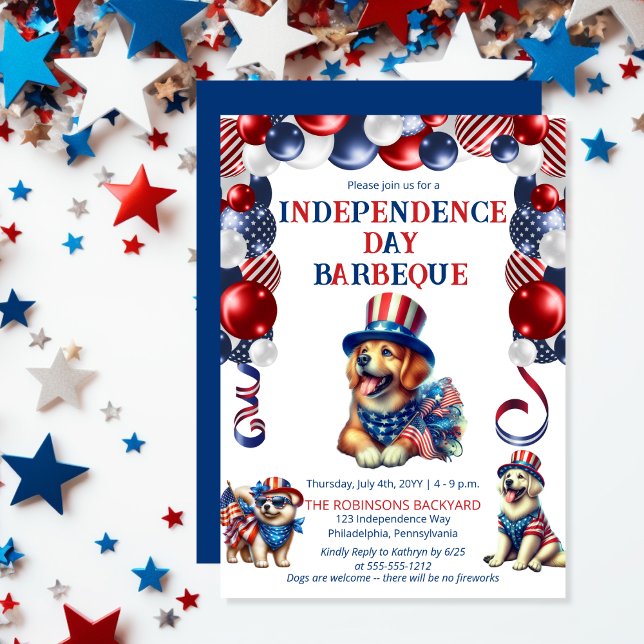 Convites Festa de CHURRASCO de 4 de julho sem fogos de arti (Balloon Arch Cute Dogs Dog-Friendly Independence Day BBQ July 4 Invitation)