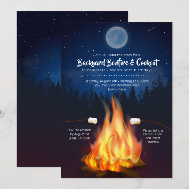 Convites Festa de CHURRASCO de aniversário de Bonfire Cooko (Frente/Verso)