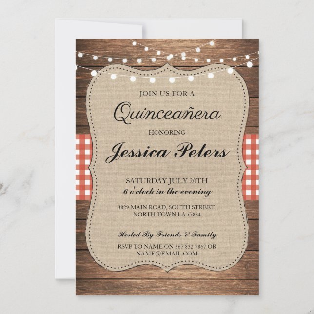 Convites Festa de CHURRASCO de Quinceanera Red Check Rustic (Frente)