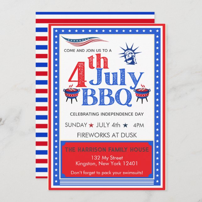 Convites Festa de Churrasco do Dia 4 de Julho Vermelho Bran (Frente/Verso)