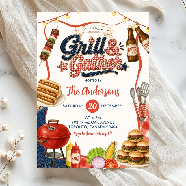 Convites Festa de Churrasco Gingham Denim Grill & Gather (Criador carregado)