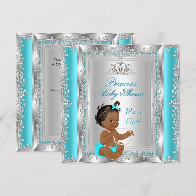 Convites Festa de Chuveiro de Bebê Princesa Teal Prata Étni (Frente/Verso)