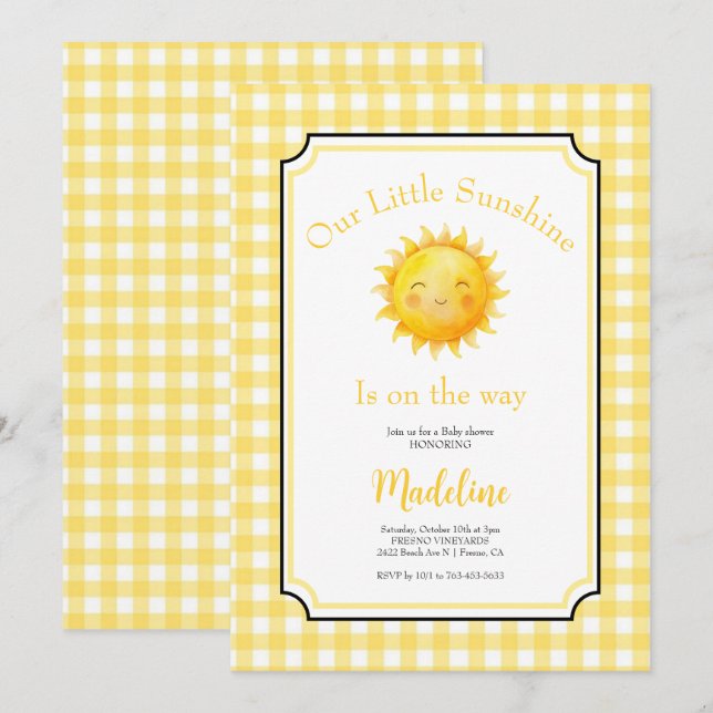 Convites Festa de Chuvinha de Bebê Little Sunshine Yellow S (Frente/Verso)