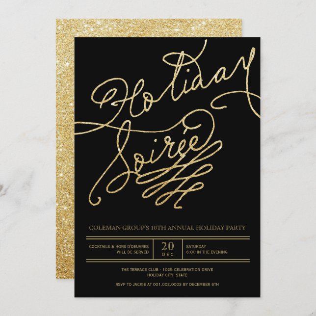 Convites Festa de Classe de Script Glitter Dourado do Siree (Frente/Verso)