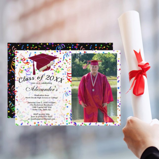 Convites Festa de Classe do Boné Vermelho de Graduação de F (Photo Graduation Red Cap Confetti Class Party Invitation)