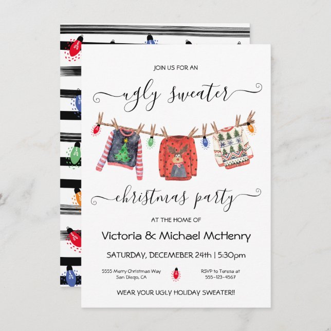 Convites Festa de Clothesline do Sweater de Natal Feio (Frente/Verso)