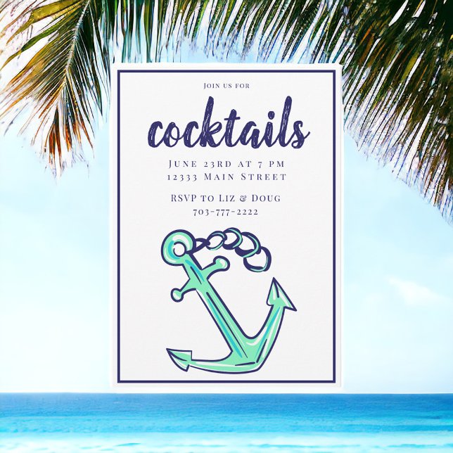 Convites Festa de Cocktail Âncora Verde Marinho Náutico  (Criador carregado)