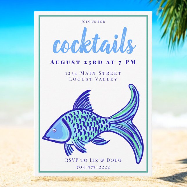 Convites Festa de Cocktail Costeira de Peixe Azul Preppy  (Criador carregado)