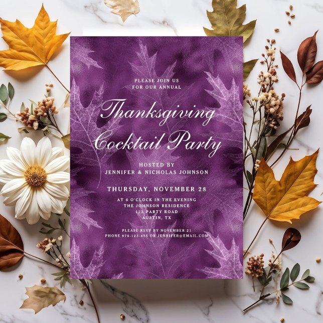 Convites Festa de Cocktail de Ação de Graças com Folhas de  (Modern Autumn Leaves Thanksgiving Cocktail Party Invitation)
