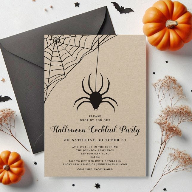 Convites Festa de Cocktail, de estuque, de bruxas, de raça  (Black Cute Spider Halloween Cocktail Party Invitation)